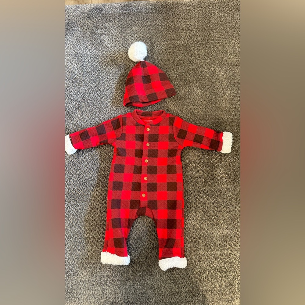 Plaid Red and Black baby One Piece with Hat CHRISTMAS